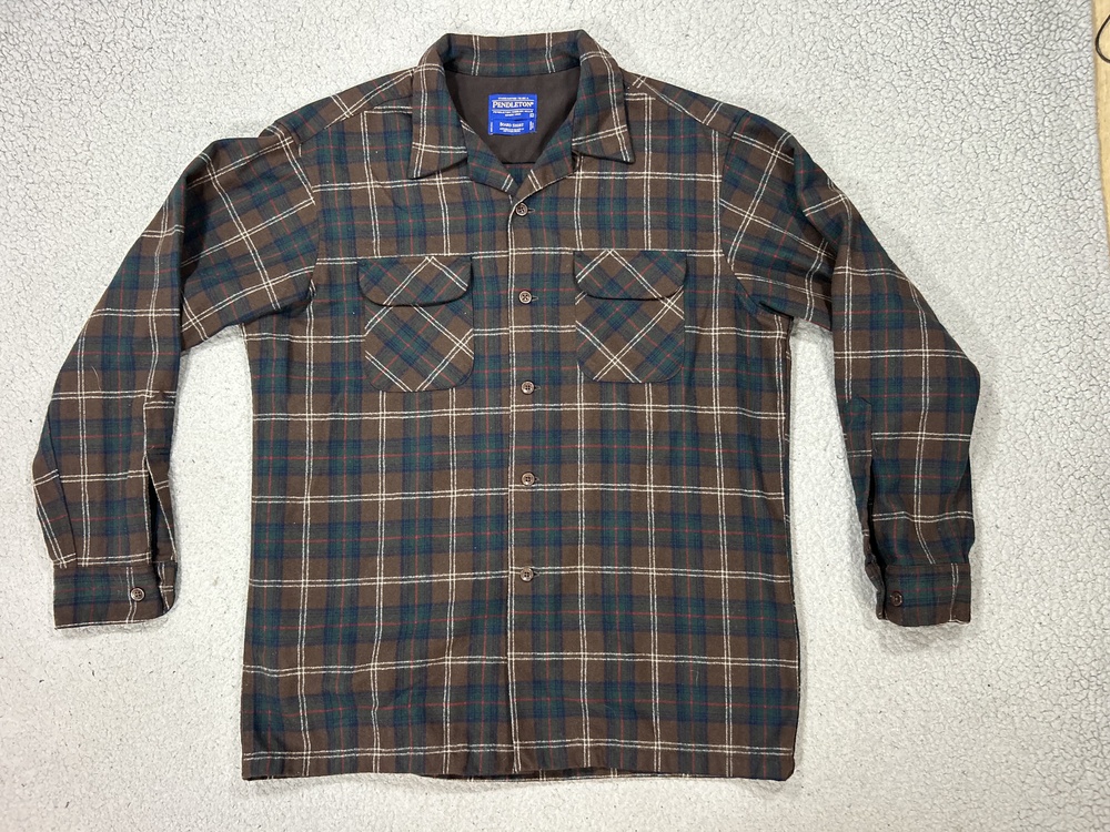 Vintage Pendleton Board Shirt Mens Large Brown Plaid Wool Flannel Loop Collar